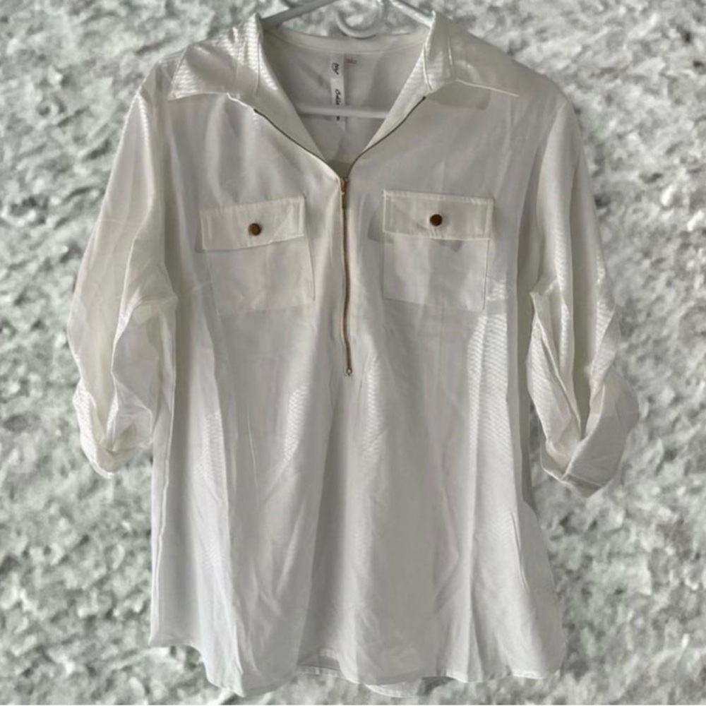 White Zip-Front Top with Gold Hardware